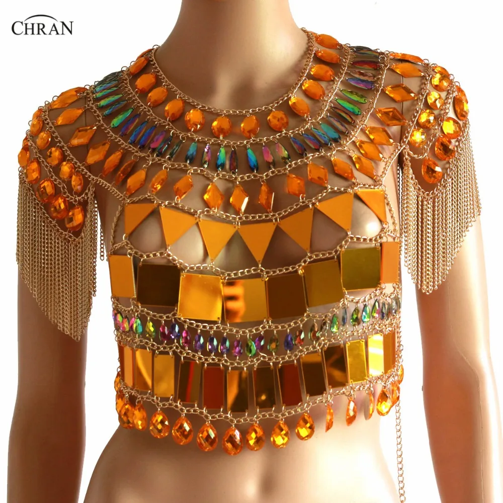 

Chran Women Sexy Sparkly Crop Top Summer 2018 Exotic Tassel Necklace Beach Vest Bra Bralette Gem Mirror Festival Wear Jewelry