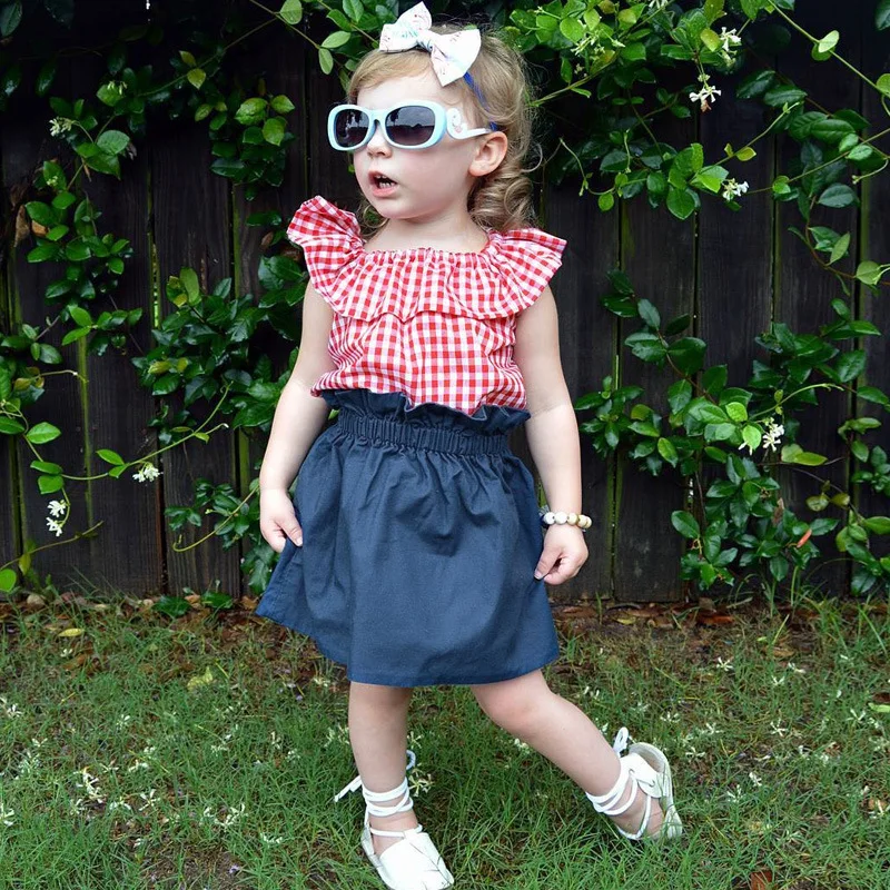 CieiK Summer Baby Girl Clothes Red Plaid Top + Blue Skirt Set Newborn Ruffles Short Sleeves 2PCS Toddler Kids Clothing Set (9)
