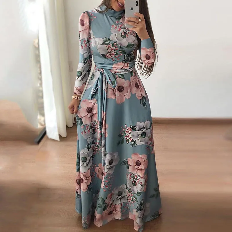Dress Women O-Neck Floral Printed Long Sleeve Maxi Long Dresses Empire Sashes Casual Bandage Autumn Dress Femme Party Robe
Dress Women O-Neck Floral Printed Long Sleeve Maxi Long Dresses Empire Sashes Casual Bandage Autumn Dress Femme Party Robe
