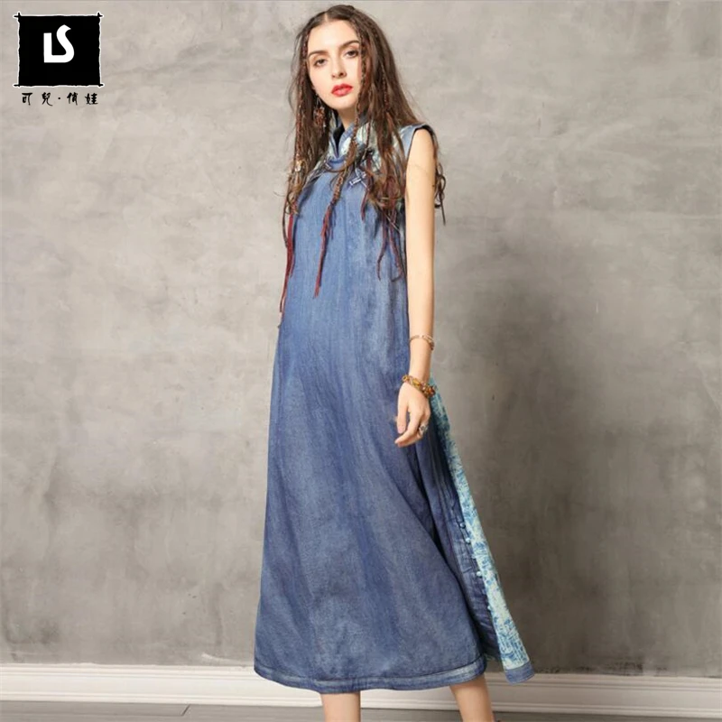 Europe Women Vintage Buckle stitching cheongsam Dress zipper Denim Dress Women 2019 Spring Summer Sleeveless Vest Long Dresses
Europe Women Vintage Buckle stitching cheongsam Dress zipper Denim Dress Women 2019 Spring Summer Sleeveless Vest Long Dresses