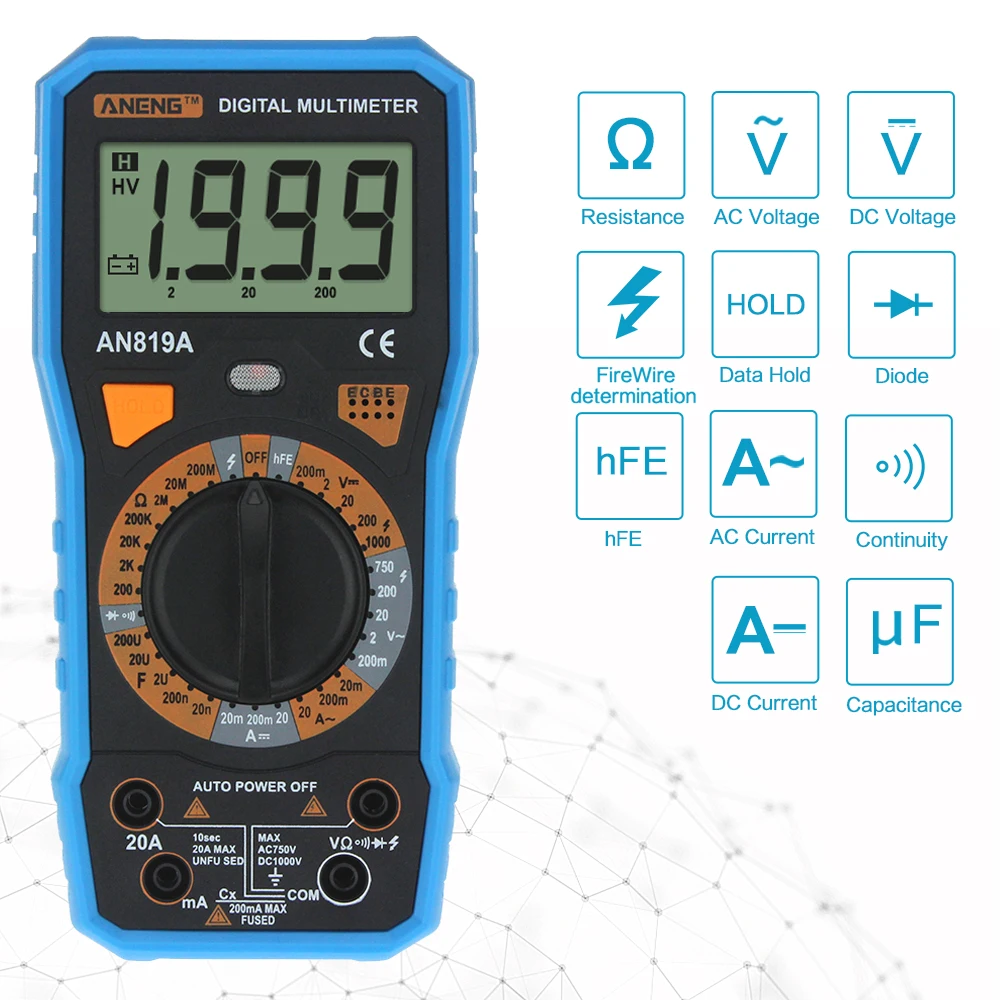 Auto Digital Multimeters AC DC Voltage 1000V 1999 Count Current Ohm Cap Meter Tester Data Hold Diode Transistor Test
Auto Digital Multimeters AC DC Voltage 1000V 1999 Count Current Ohm Cap Meter Tester Data Hold Diode Transistor Test
