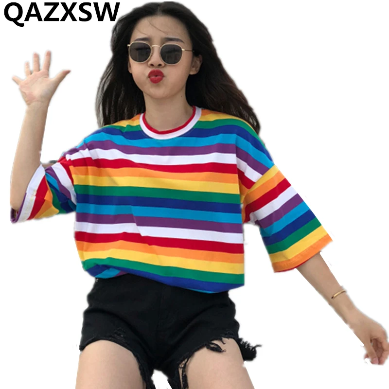 2019 New Summer T-shirt Women Tops Fashion Casual Rainbow Stripes Round Neck Short Sleeve Plus Size Loose Women T-shirt ZW044
2019 New Summer T-shirt Women Tops Fashion Casual Rainbow Stripes Round Neck Short Sleeve Plus Size Loose Women T-shirt ZW044