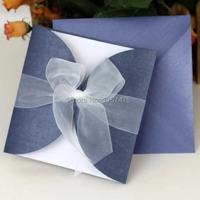 HI1087-12 Nice Blue and White Invitation Card with Organza Ribbon Bow.JPG
