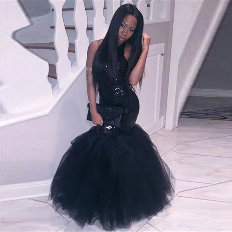 2017 Black Girl Mermaid Prom Gowns Halter Neck Sequins Topped Backless Sparkly Evening Gowns Cheap Women Pageant Party Gowns
2017 Black Girl Mermaid Prom Gowns Halter Neck Sequins Topped Backless Sparkly Evening Gowns Cheap Women Pageant Party Gowns
