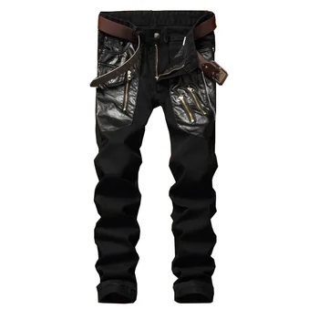 

Newsosoo Retro Men's Fashion Biker Denim Trousers Slim Fit Straight Motorcycle Jean Pants For Male Washed Size 29-38 Black