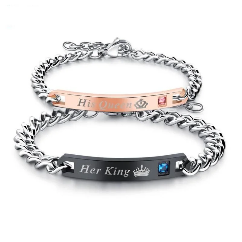 

DIY Her King His Queen Couple Bracelets Stainless Steel Crytal Crown Charm Bracelets For Women Men
