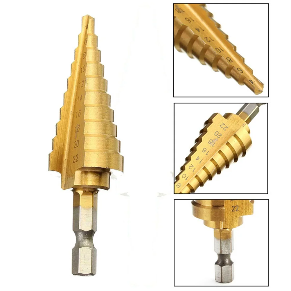 Power Tool for Woodworking Hole Cutter New Arrival Durable 4-22MM HSS Hex Titanium Coated Step Cone Drill Bit
Power Tool for Woodworking Hole Cutter New Arrival Durable 4-22MM HSS Hex Titanium Coated Step Cone Drill Bit