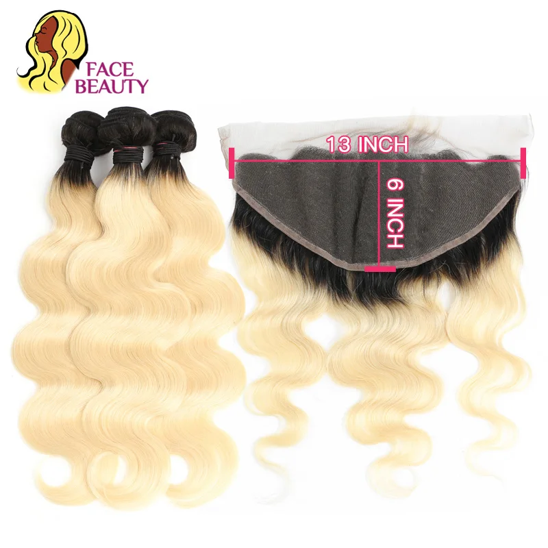 

Facebeauty Remy Ombre Color 1B/613 Hair 2/3/4 Bundles with 13x6 Ear to Ear Lace Frontal Body Wave Brazilian Human Blonde Hair