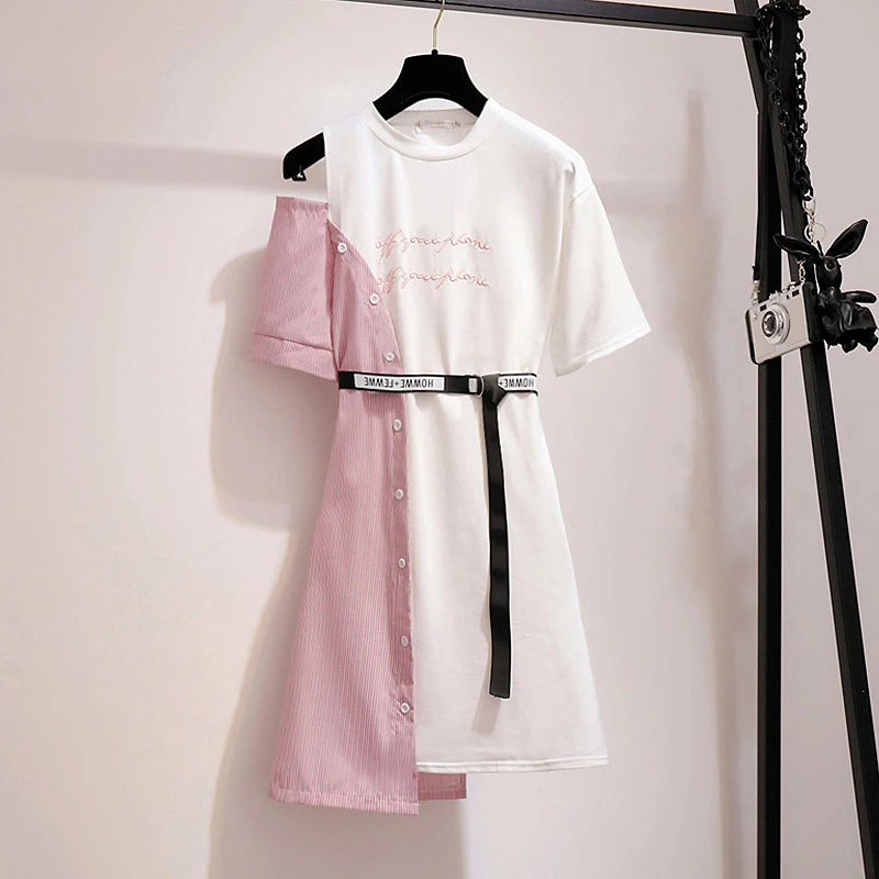 Women Korean Ulzzang Off Shoulder Dress 2019 Summer Patchwork T Shirt Dress Sashes Streetwear Plus Size Fake Two Piece dress
Women Korean Ulzzang Off Shoulder Dress 2019 Summer Patchwork T Shirt Dress Sashes Streetwear Plus Size Fake Two Piece dress