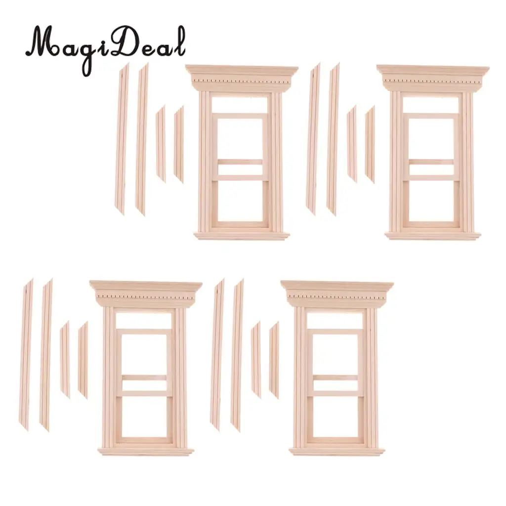 4 Set 1/12 Unpainted Wood Movable 2-Pane Sash Window & Frame & Glass Sheet Dolls House Room Fairy Garden Decor