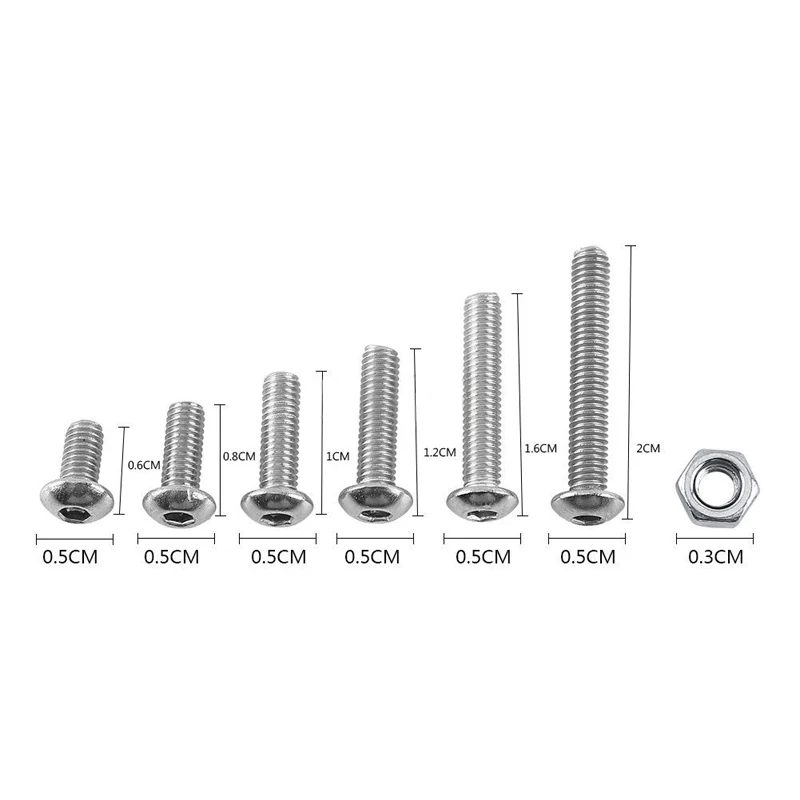 250pc/set A2 Stainless Steel M3 Cap/Button/Flat Head Screws Sets Hex Socket Bolt With Hex Nuts Assortment Kit Mayitr