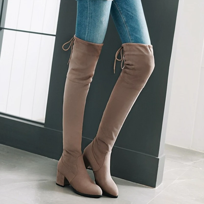 Quality Women Stretch Faux Suede Thigh High Boots Sexy Fashion Over the Knee Boots Casual Low Heels Woman Shoes