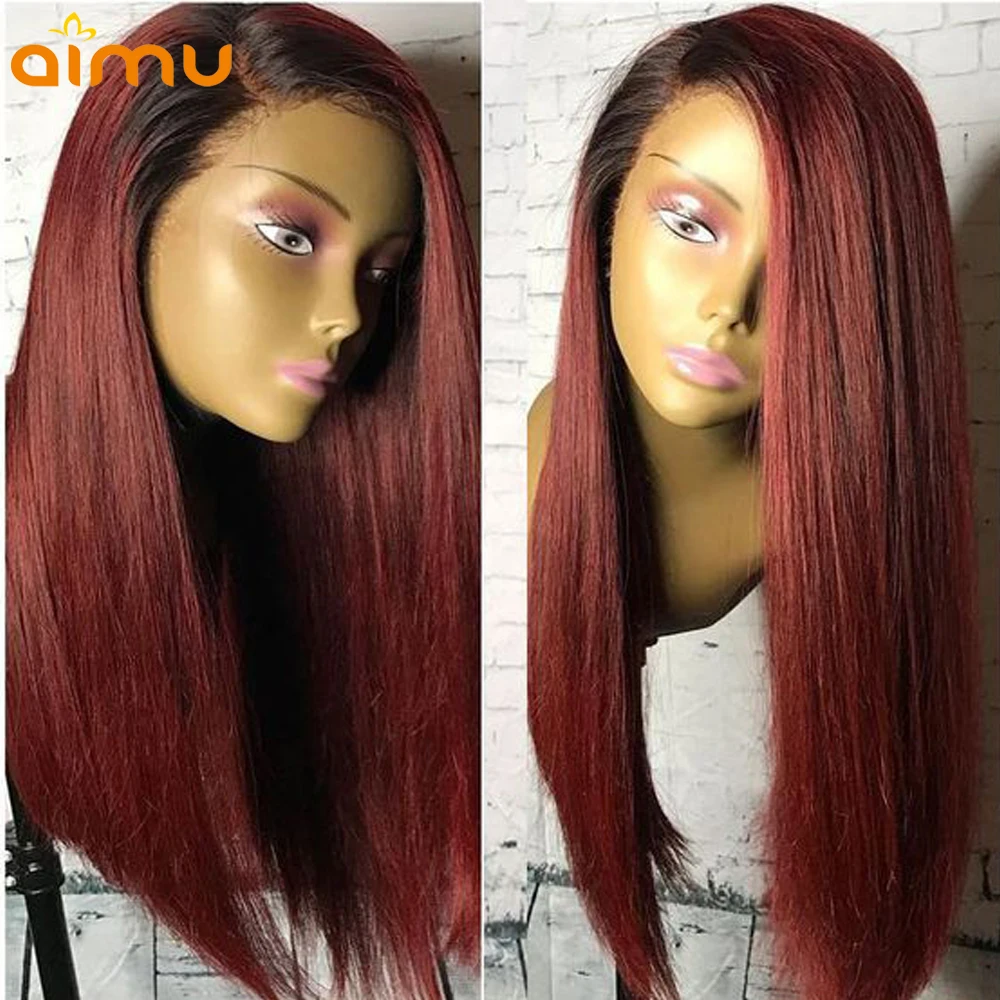 Фото 1B/ 99J Ombre Human Hair Wig With Baby 180 Density Brazilian Remy 13X6 Pre Plucked Straight Lace Front For Black Women | Шиньоны и