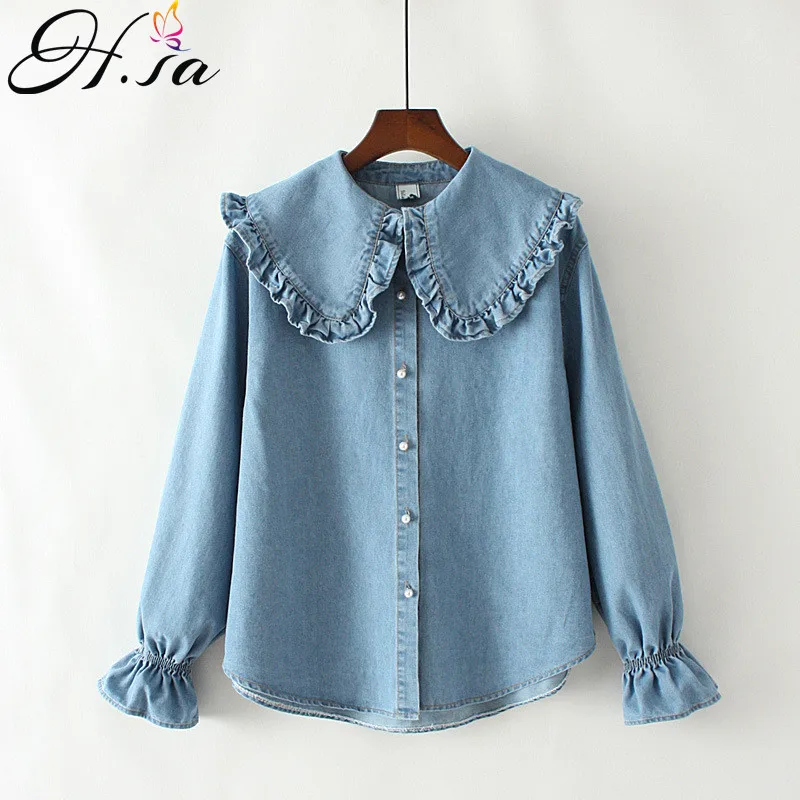 H.SA Denim Shirts Jeans Shirt Ruffles Sweet Blouses Causal Denim Blouse for Women tops female chemise femme streetwear
H.SA Denim Shirts Jeans Shirt Ruffles Sweet Blouses Causal Denim Blouse for Women tops female chemise femme streetwear