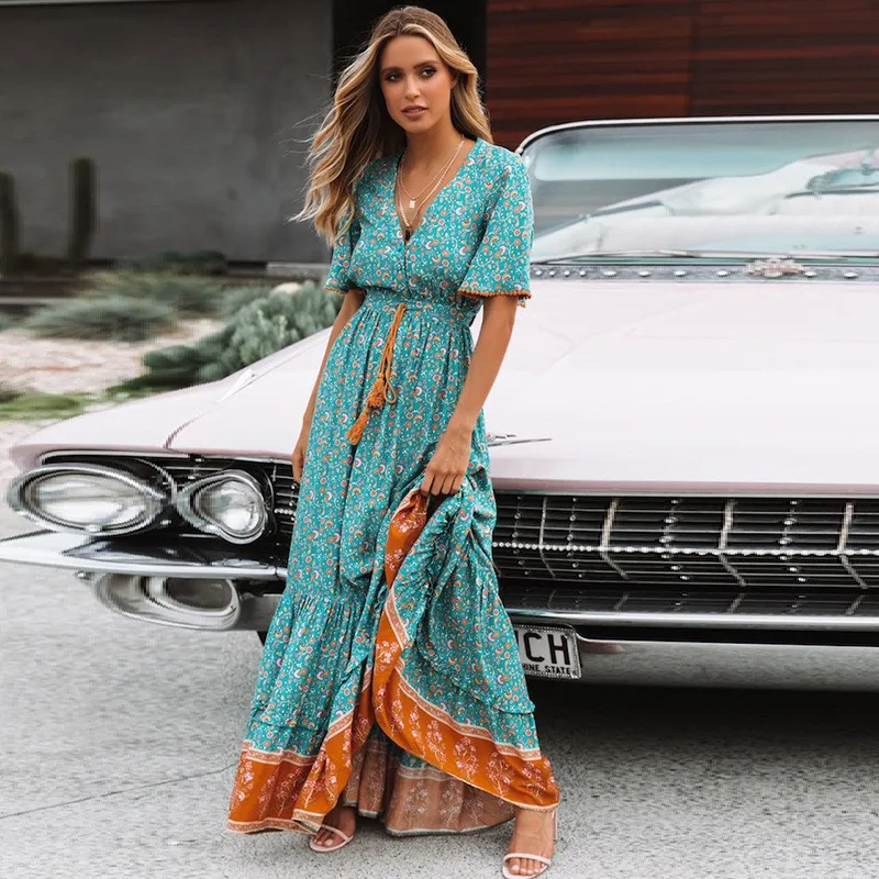 EXCOSMIC Women Bohemian Beach Party Dresses Print Summer Short Sleeve Ruffled Long Maxi Dress V-Neck Drawstring Ladies Vestidos
EXCOSMIC Women Bohemian Beach Party Dresses Print Summer Short Sleeve Ruffled Long Maxi Dress V-Neck Drawstring Ladies Vestidos