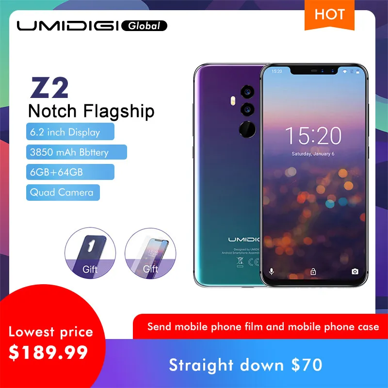 UMIDIGI Z2 Global Version Helio P23 6GB RAM 64GB ROM 6.2" FHD+ Full Screen Quad Camera Android 8.1 3850mah Face ID 4G Smartphone
UMIDIGI Z2 Global Version Helio P23 6GB RAM 64GB ROM 6.2" FHD+ Full Screen Quad Camera Android 8.1 3850mah Face ID 4G Smartphone