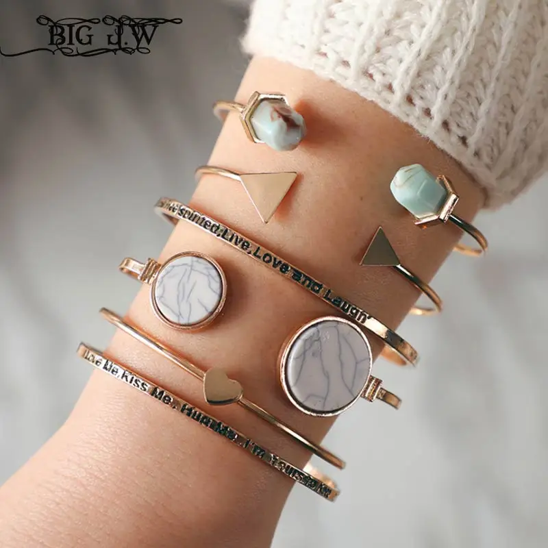BIG J.W 6PCS/Set Bohemian Heart Triangle Round Resin Letter Charm Bracelets Set Golden Opening Alloy Cuff Bangles for Women
BIG J.W 6PCS/Set Bohemian Heart Triangle Round Resin Letter Charm Bracelets Set Golden Opening Alloy Cuff Bangles for Women
