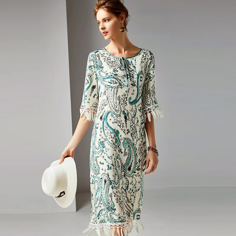 100% Silk Dress Women Fringe decoration Printed Tie O Neck Half Sleeves Translucent Fabric Straight Dress New Fashion 2019
100% Silk Dress Women Fringe decoration Printed Tie O Neck Half Sleeves Translucent Fabric Straight Dress New Fashion 2019