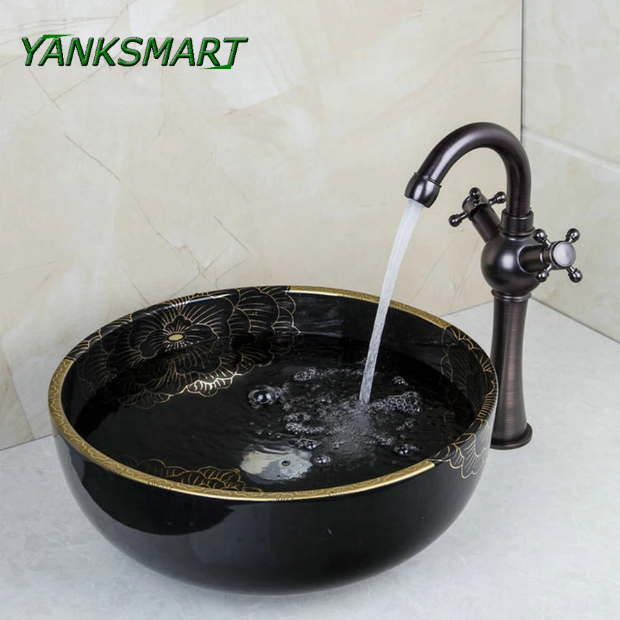 YANKSMART Round Flower Bowl Sink Vessel Basins Washbasin Ceramic Basin Sink & Dual Handles Faucet Tap Set Counter Top Mounted
YANKSMART Round Flower Bowl Sink Vessel Basins Washbasin Ceramic Basin Sink & Dual Handles Faucet Tap Set Counter Top Mounted