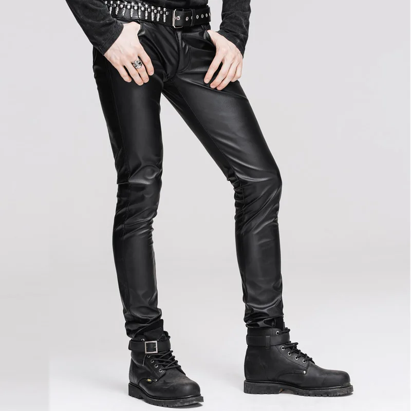 Image Brand New 2016 Autumn Casual Mens Leather Long Pants Skinny Bright Black Mid Waist Tights With Zipper Fly  Plus Size S 3XL