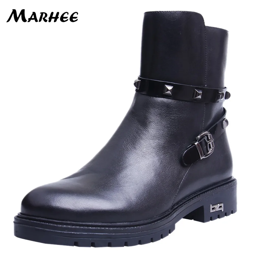 MARHEE Punk Style Genuine Leather Motorcycle Black Ankle Boots Women Winter Shoes X121-Z651
MARHEE Punk Style Genuine Leather Motorcycle Black Ankle Boots Women Winter Shoes X121-Z651