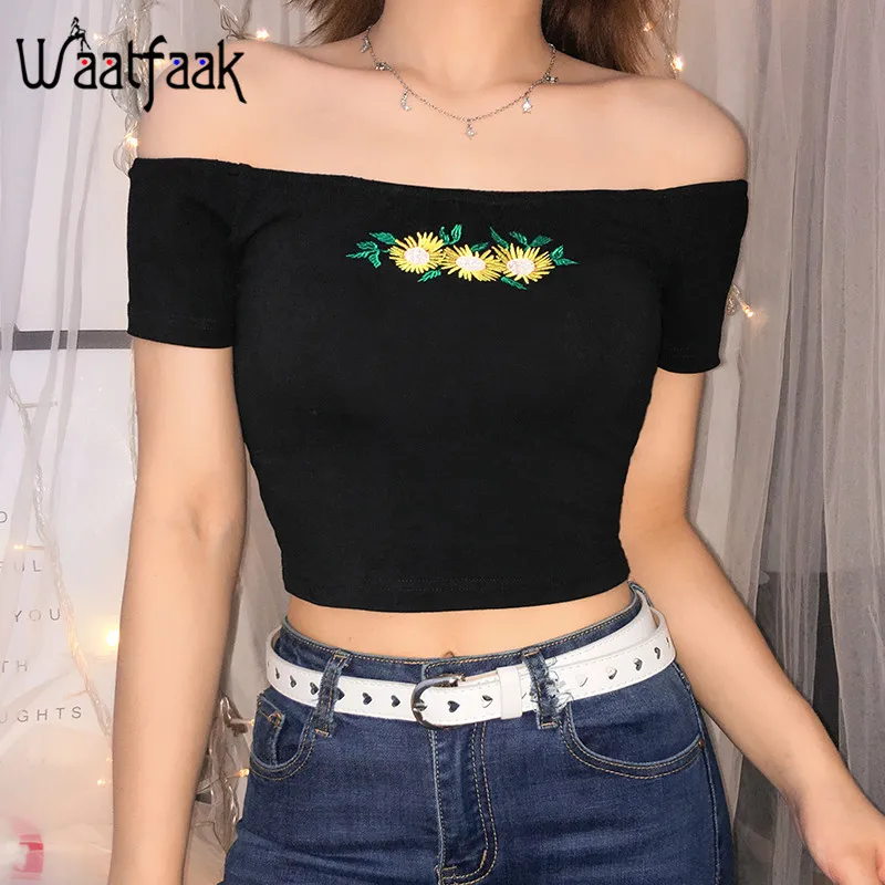 Waatfaak Slash Neck Black T-shirt Women Crop Top High Street Embroidery Flower Sexy Summer Cotton Tshirt Fashion Off Shoulder
Waatfaak Slash Neck Black T-shirt Women Crop Top High Street Embroidery Flower Sexy Summer Cotton Tshirt Fashion Off Shoulder