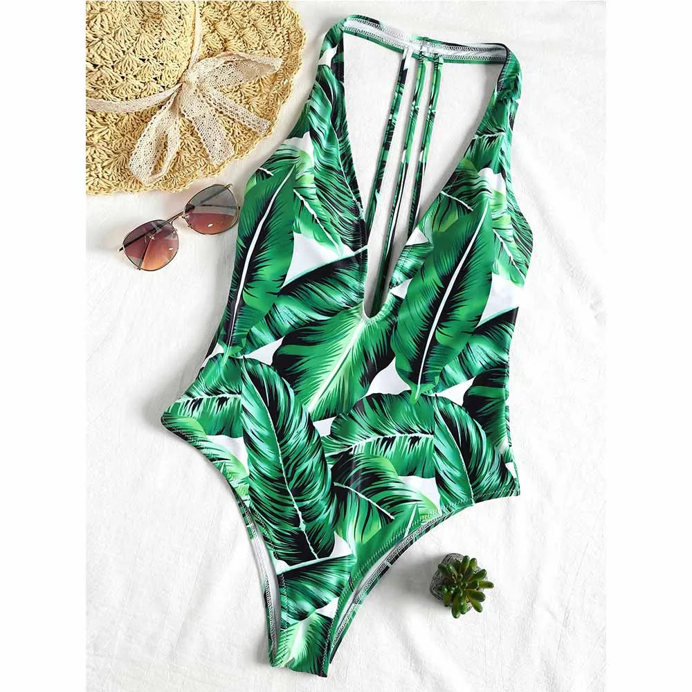 

ZAFUL Tropical Leaf Print One Piece Swimsuit 2018 Sexy Women Swimwear Strappy Padded Swimming Suit For Women Bodysuits Monokini