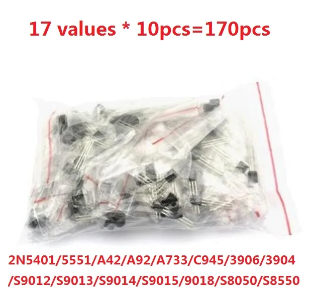 2N5401/5551/ A42/A92/A733/C945/3906/3904/S9012/S9013/S9014/S9015/9018/S8050/S8550 (170pcs= 17 values * 10pcs) transistor kit set
2N5401/5551/ A42/A92/A733/C945/3906/3904/S9012/S9013/S9014/S9015/9018/S8050/S8550 (170pcs= 17 values * 10pcs) transistor kit set