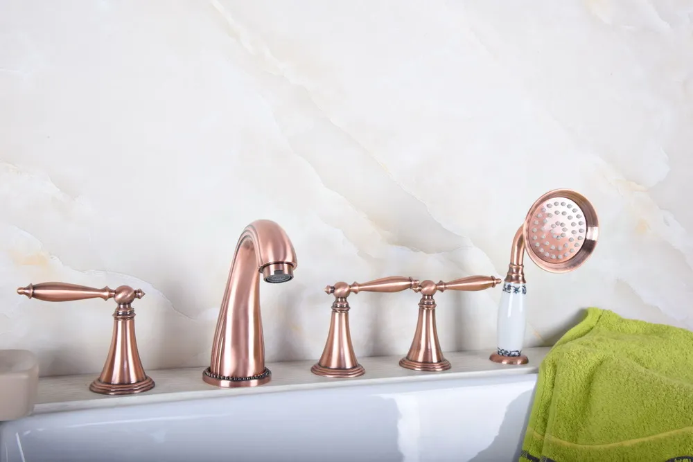 Antique Red Copper Brass Widespread 5 Hole Bathroom Roman Tub Bath Faucet with Telephone Style Hand Held Shower Head atf196
Antique Red Copper Brass Widespread 5 Hole Bathroom Roman Tub Bath Faucet with Telephone Style Hand Held Shower Head atf196