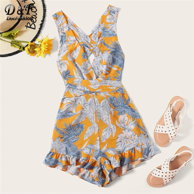 Dotfashion Crisscross Open Back Jungle Leaf Print Ruffle Romper Women 2019 Summer Sexy Deep V Neck Boho One Piece Tank Playsuit
Dotfashion Crisscross Open Back Jungle Leaf Print Ruffle Romper Women 2019 Summer Sexy Deep V Neck Boho One Piece Tank Playsuit