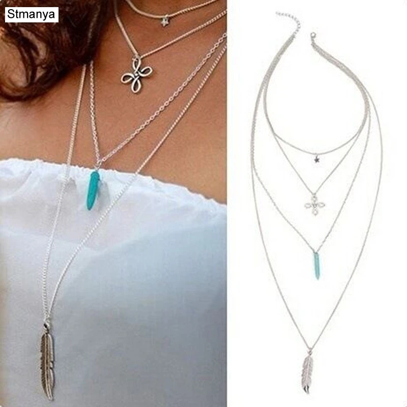 Hot New Multilayer Hammer Chain leaf Lariat Bar Long Necklace Strip Pendants Collar collier femme Women jewelry N1141 | Украшения и