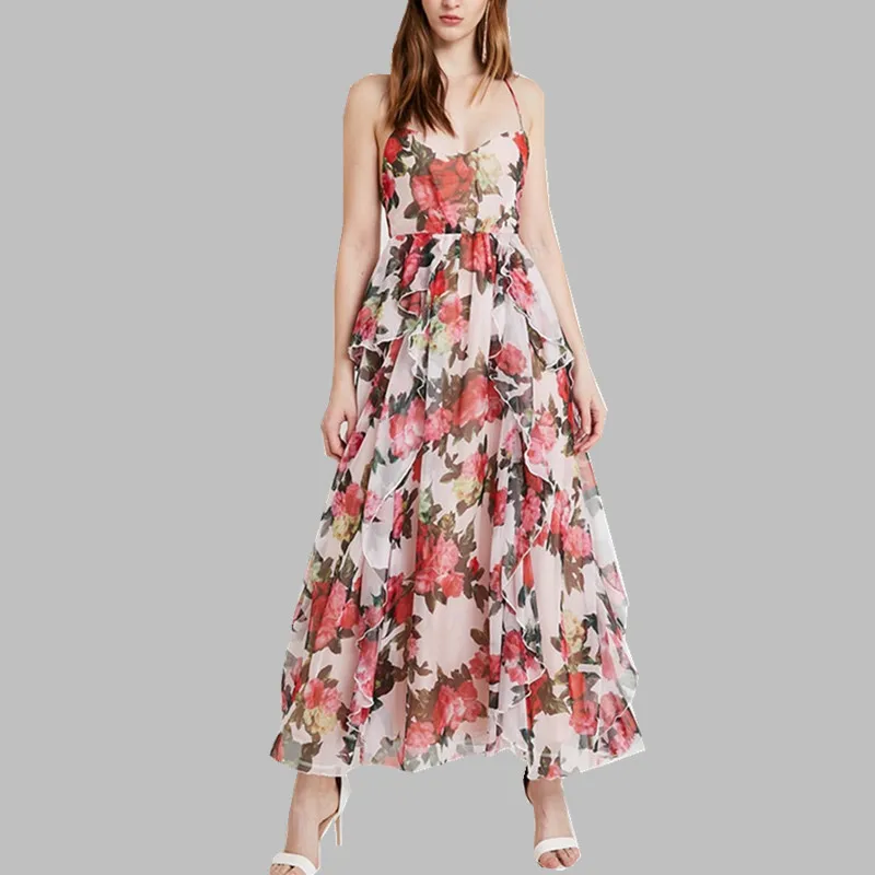 Summer Backless Holiday Irregula Dress Women Runway Pink Chiffon Print Rose Halter Long Dresses Sexy V Neck Ruffles Maxi Dress
Summer Backless Holiday Irregula Dress Women Runway Pink Chiffon Print Rose Halter Long Dresses Sexy V Neck Ruffles Maxi Dress