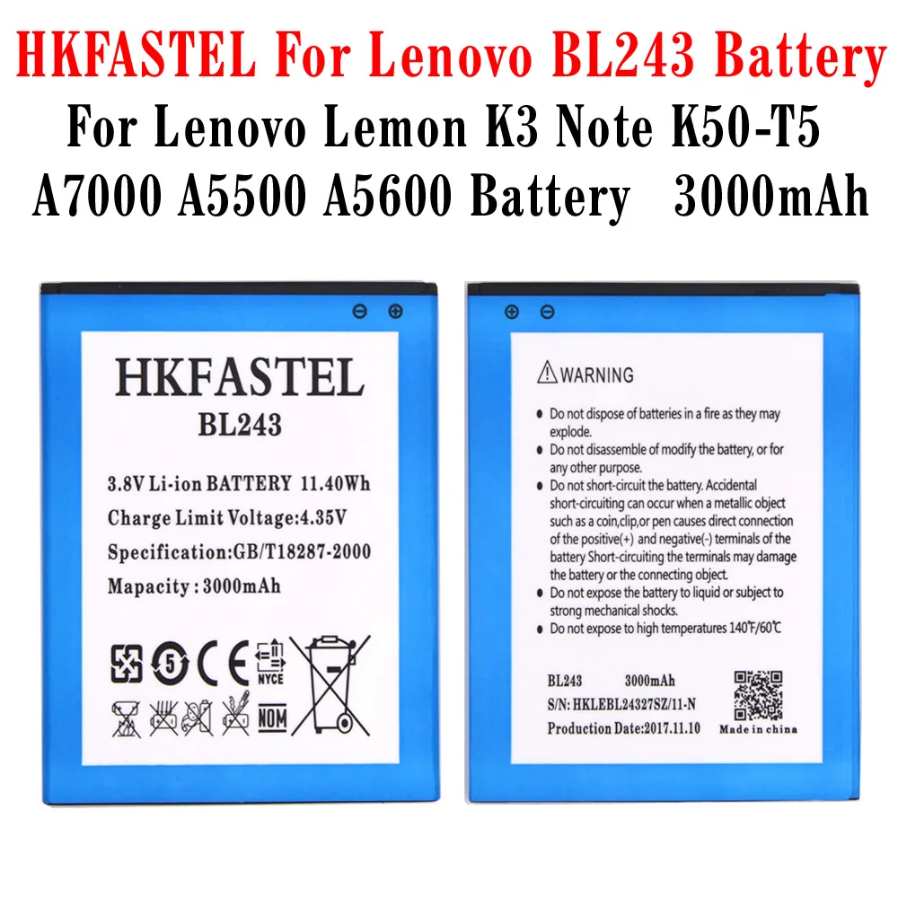 Hkfatel Новый BL243 BL 243 аккумулятор для lenovo Lemon K3 Note K50 T5 A7000 A5500 A5600 Оригинальные