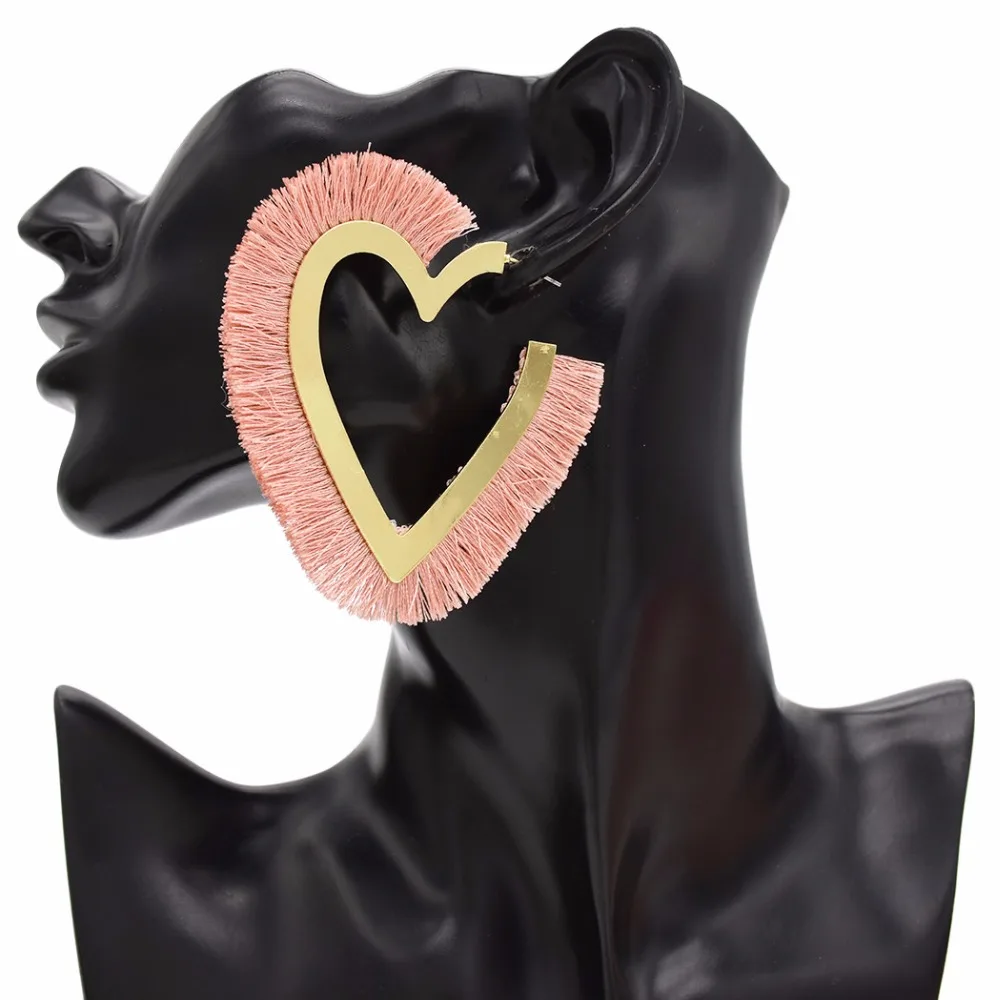 Bohemian Unique Heart Cotton Big Open Hoop Earrings for Women Wedding Party Red White Black Pink Thread Tassel Ears Jewelry | Украшения и