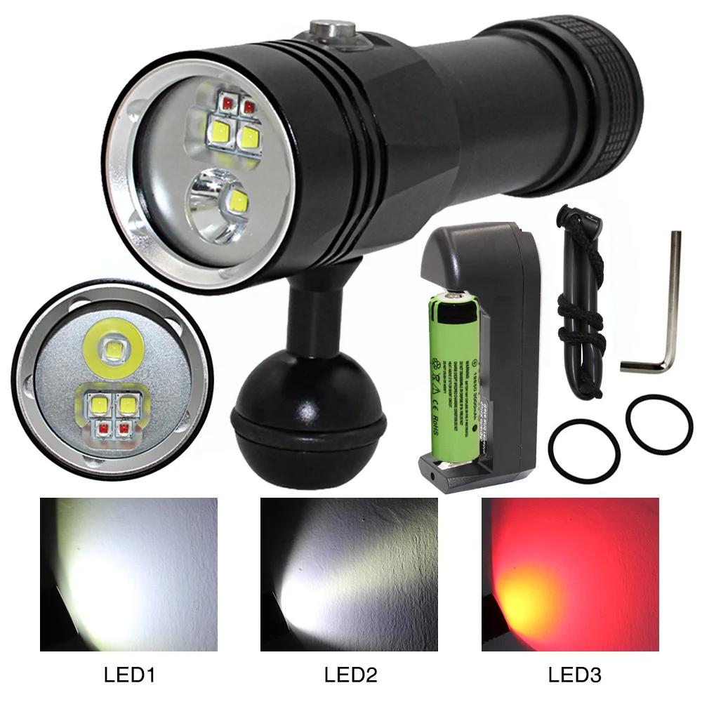 5 LED Photography Video Light Diving Flashlight 3x XM-L2 White+ 2x XPE Red Waterproof torch Underwater Lamp +18650 +Charger
5 LED Photography Video Light Diving Flashlight 3x XM-L2 White+ 2x XPE Red Waterproof torch Underwater Lamp +18650 +Charger