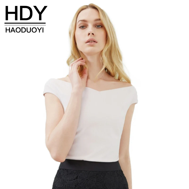 

HDY Haoduoyi 2019 Solid White Elegant Women Blouse Off Shoulder Brief Top Shirt Slash Neck Zipper Back Chic Female Summer Blouse