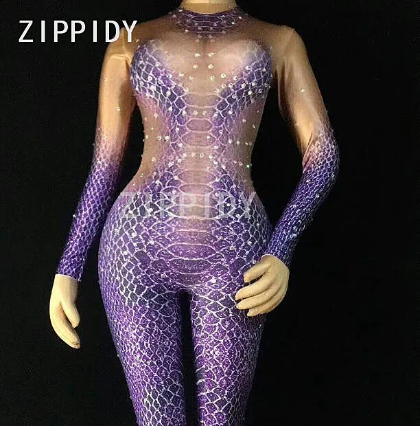 Stylish Snake Striae Pattern Purple Jumpsuit Sexy Stones Stretch Outfit Nightclub Singer Dancer Party Bodysuits Women's Clothes
Stylish Snake Striae Pattern Purple Jumpsuit Sexy Stones Stretch Outfit Nightclub Singer Dancer Party Bodysuits Women's Clothes