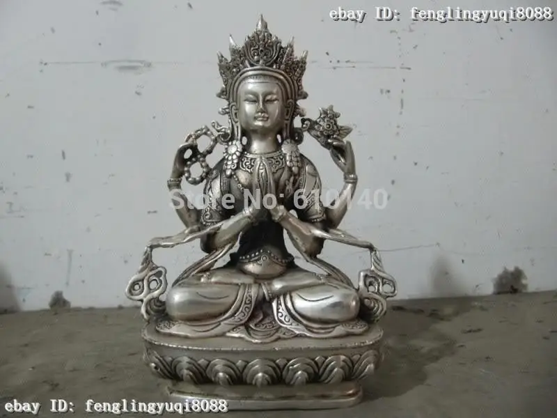 Tibet Fane White bronze Silver Four Armed Avalokitesvara Kwan-Yin Buddha Statue
Tibet Fane White bronze Silver Four Armed Avalokitesvara Kwan-Yin Buddha Statue