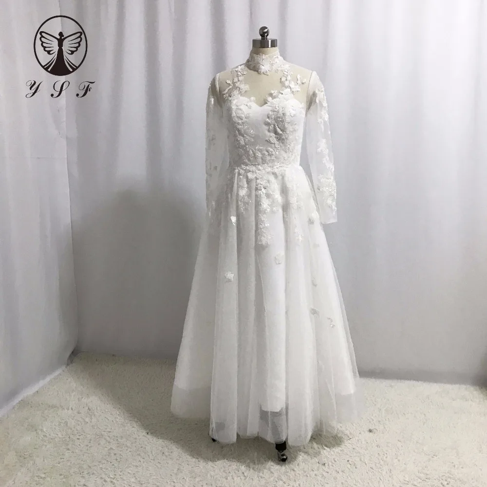 Best Selling Robe De Mariee High Collar Appliqued Beaded Long Sleeve Illusion Back Tea Length Beach Wedding Dresses
Best Selling Robe De Mariee High Collar Appliqued Beaded Long Sleeve Illusion Back Tea Length Beach Wedding Dresses