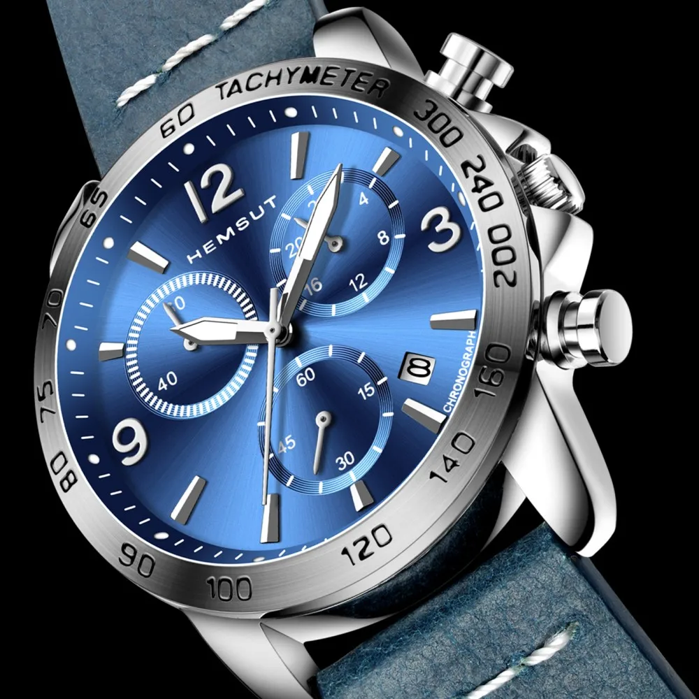 HEMSUT New Men Watch Chronograph Watches Blue Genuine Leather Band 3ATM Water Resistant mens Clock 2018
HEMSUT New Men Watch Chronograph Watches Blue Genuine Leather Band 3ATM Water Resistant mens Clock 2018