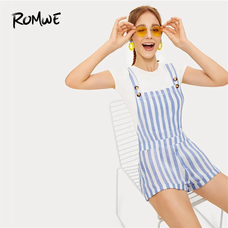 ROMWE White And Blue Striped Rolled Hem Pinafore Woman Rompers 2019 Preppy Style Pocket Front Straps Mid Waist Playsuits
ROMWE White And Blue Striped Rolled Hem Pinafore Woman Rompers 2019 Preppy Style Pocket Front Straps Mid Waist Playsuits