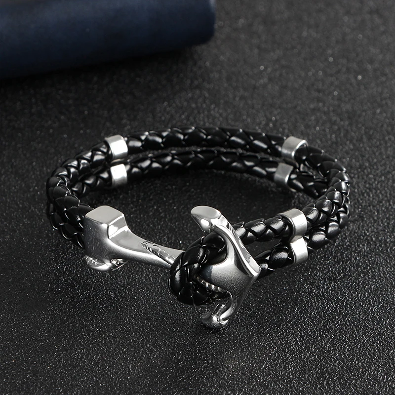 Jiayiqi 2017 Fashion Stainless Steel Anchor Bracelet Men Black Braided Cowhide Leather Rope Bracelets Wrap Punk Charm Jewelry 15