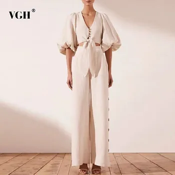 VGH Summer Women Two Piece Set V Neck Puff Sleeve Button Shirt Length Tops Full Length Pants Casual Sets Female Fashion New 2020
VGH Summer Women Two Piece Set V Neck Puff Sleeve Button Shirt Length Tops Full Length Pants Casual Sets Female Fashion New 2020