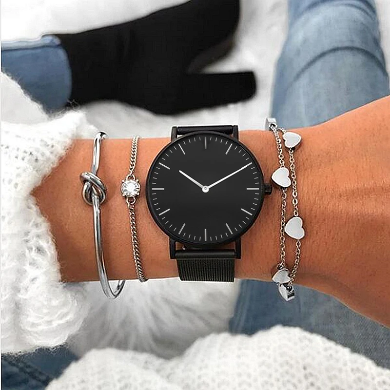Mavis Hare Black Stainless Steel Feliz Mesh Wristwatch Woman Watches with Crystal Kont Heart chain Bracelet Bangles
Mavis Hare Black Stainless Steel Feliz Mesh Wristwatch Woman Watches with Crystal Kont Heart chain Bracelet Bangles
