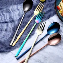 Aço inoxidável cor do arco-íris longo lidar com colheres & garfos sopa colher de sorvete chá colher de café casa talheres louça(China)