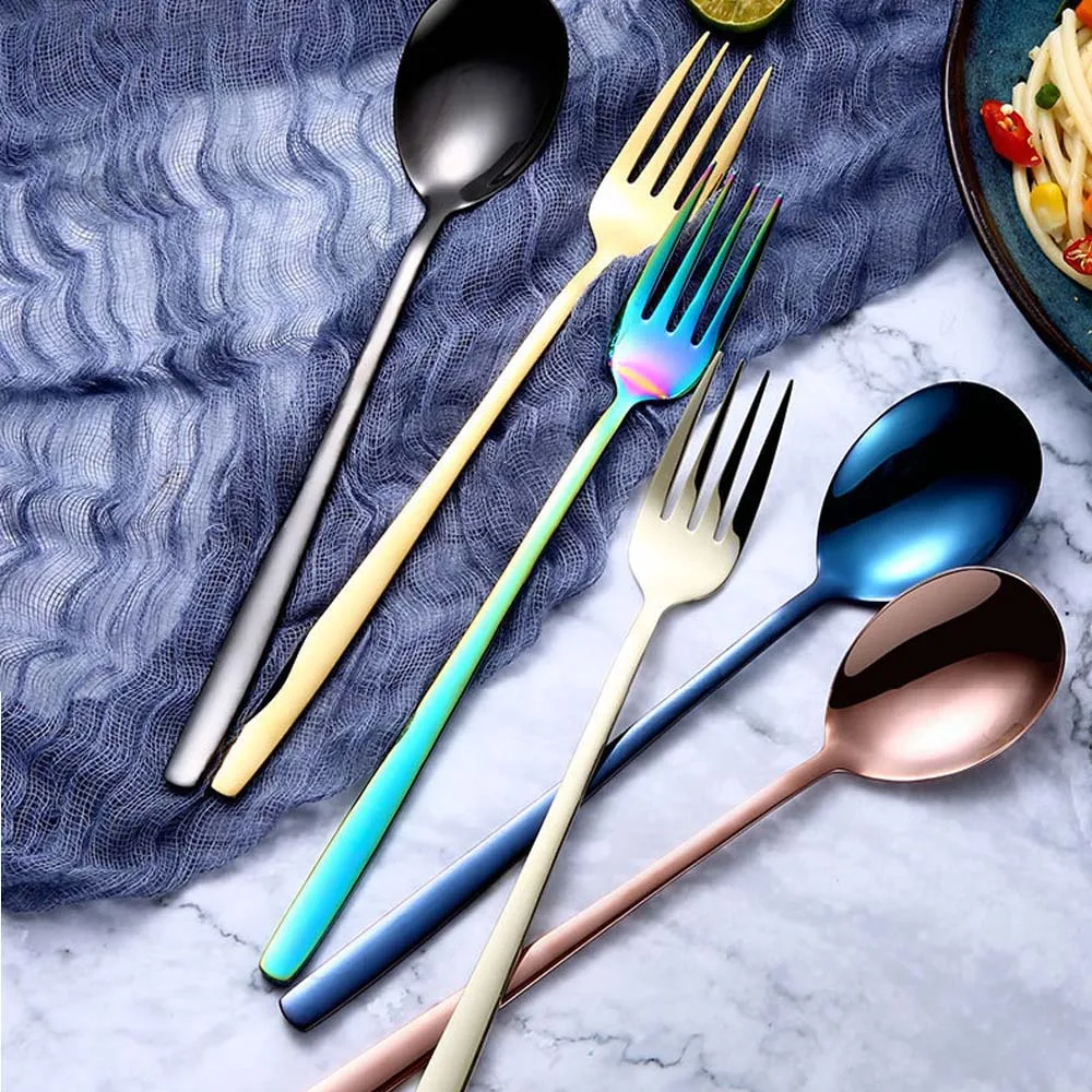 Stainless Steel Tableware Rainbow Color Long Handle Spoons Fork Soup Scoop Ice Cream Tea Coffee Spoons Cutlery Kitchen Supplies
Stainless Steel Tableware Rainbow Color Long Handle Spoons Fork Soup Scoop Ice Cream Tea Coffee Spoons Cutlery Kitchen Supplies