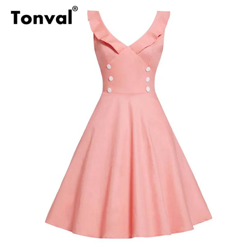 Tonval Vintage Ruffle Trim Pink Retro Solid Dress Double Breasted Pockets Women Clothes V Back A Line Party Elegant Dresses
Tonval Vintage Ruffle Trim Pink Retro Solid Dress Double Breasted Pockets Women Clothes V Back A Line Party Elegant Dresses
