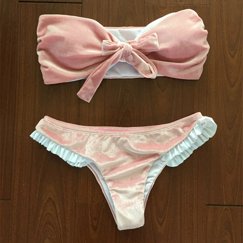 KEKAKA Cute Pink Velvet Bikini 2017 Women's Velvet Bow Swimsuit Bandeau Sexy Baby Pink Lace Hem Bathing Suits Women Swimwear
KEKAKA Cute Pink Velvet Bikini 2017 Women's Velvet Bow Swimsuit Bandeau Sexy Baby Pink Lace Hem Bathing Suits Women Swimwear