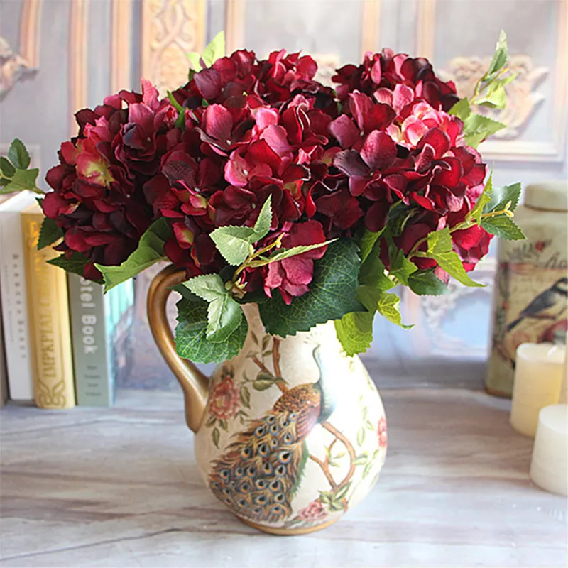 Image Wine Red Rose Floral 1 Bouquet Artificial Peony Flower Arrangement Room Hydrangea Wedding Decor Party DIY