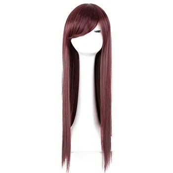 

Fei-Show Burgundy Wig Synthetic Heat Resistant Fiber Long Straight Hair Female Salon Oblique Fringe Women Inclined Bangs Hair